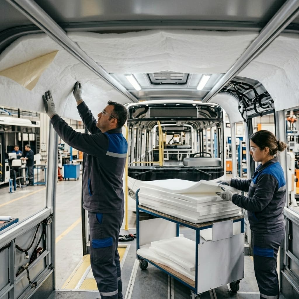 Sanifoam team installing white polyester felt insulation panels on a bus roof